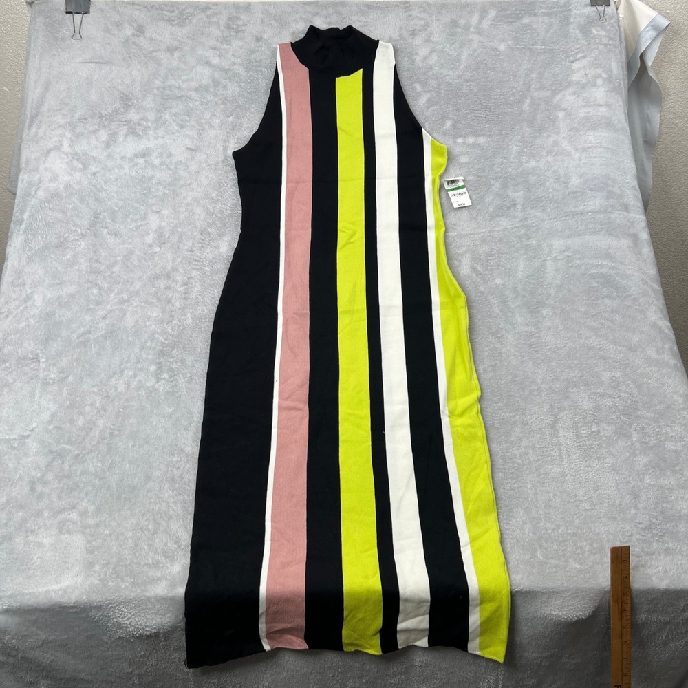 Bar III Pop Stripe Knit Midi Dress Size L Neon Multicolor Womens Mock Neck‎ Mod